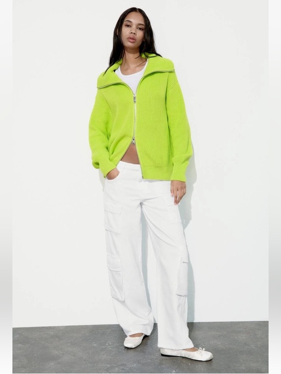 Zara Sweaters - ZARA LIME HIGH NECK ZIP-UP KNIT JACKET CARDIGAN SIZE L